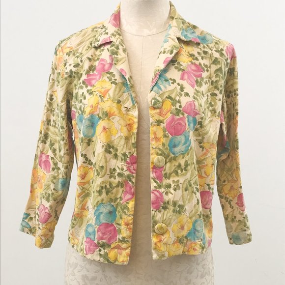 Vintage 50s Floral Blazer Yellow Jacket - Picture 1 of 12